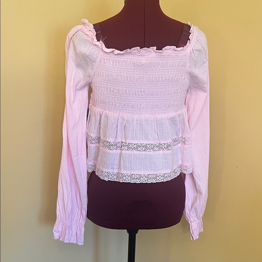 Cottagecore pink smocked milkmaid top puffed sleeves lace trim size medium - Picture 3 of 8